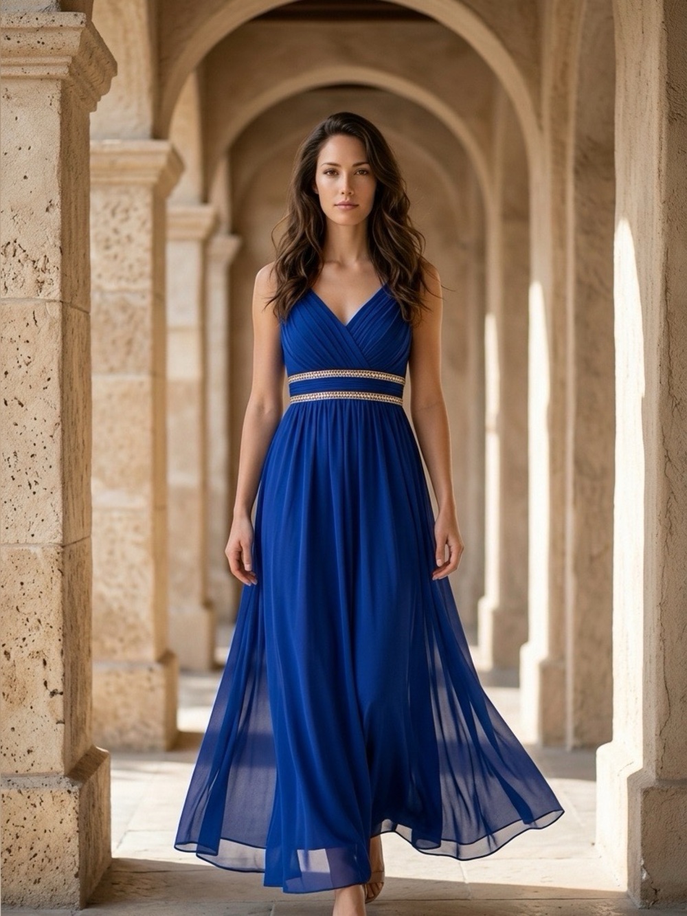 Ever Pretty Royal Blue Midi Dress with Gold Waist Trim